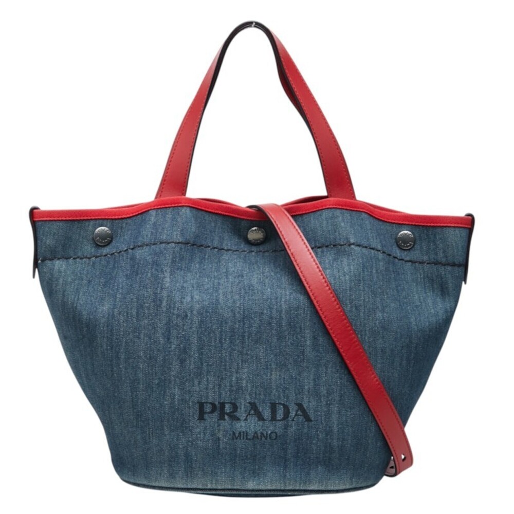 Prada Tote Bag Shoulder 2-Way Bucket Indigo Red Denim Leather Women's PRADA